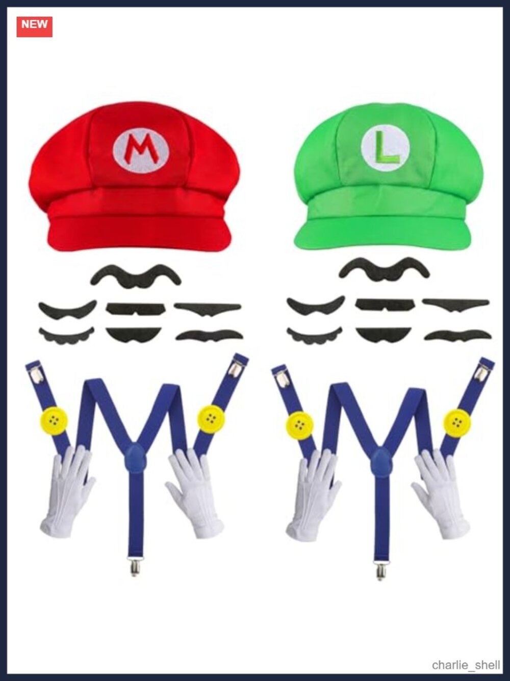 Super Bros Costume Set with Hats, Mustaches, Suspenders, Gloves for Halloween